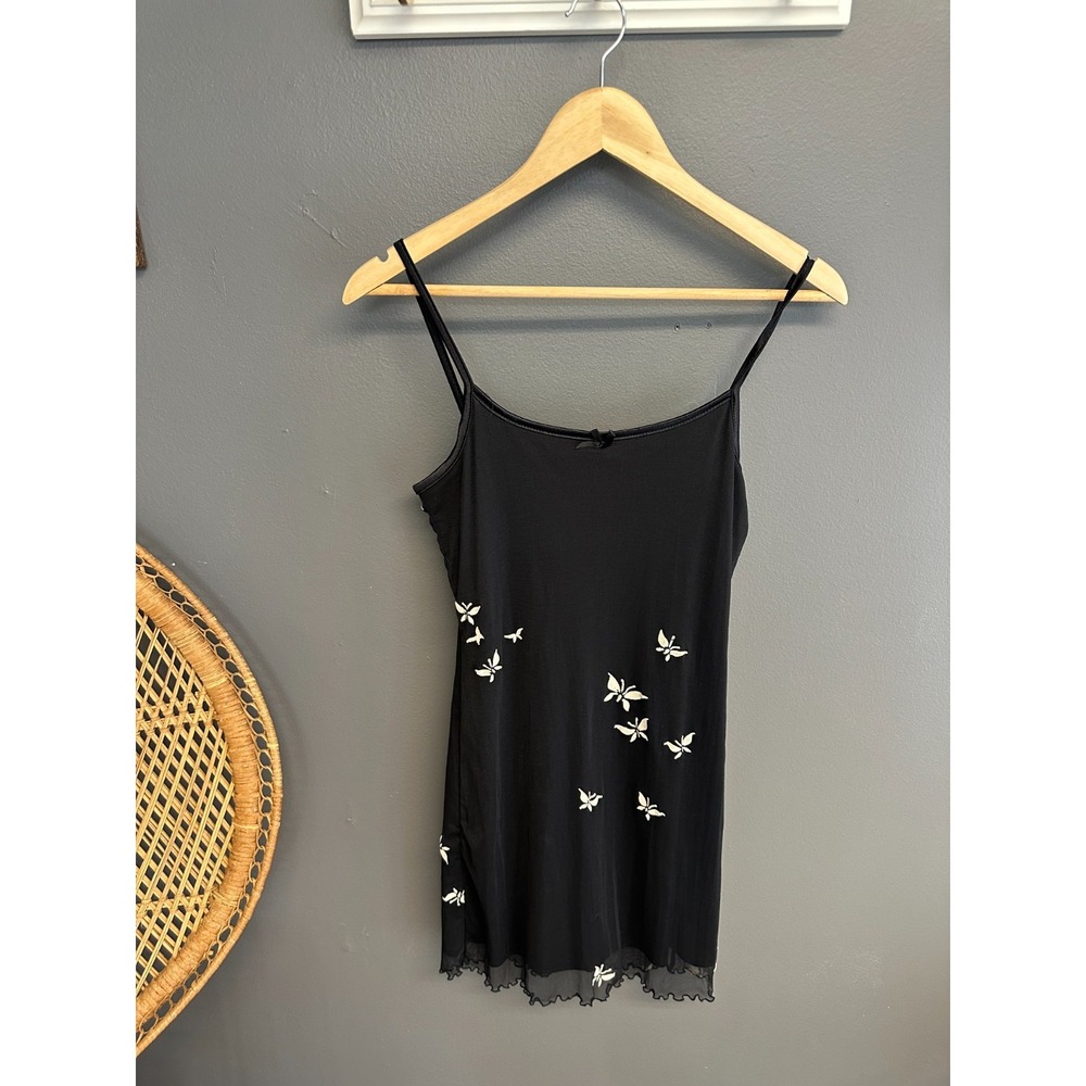 579 Vintage Slip Dress Women S Black Stretch Sleeveless Butterfly Y2K USA Whimsy